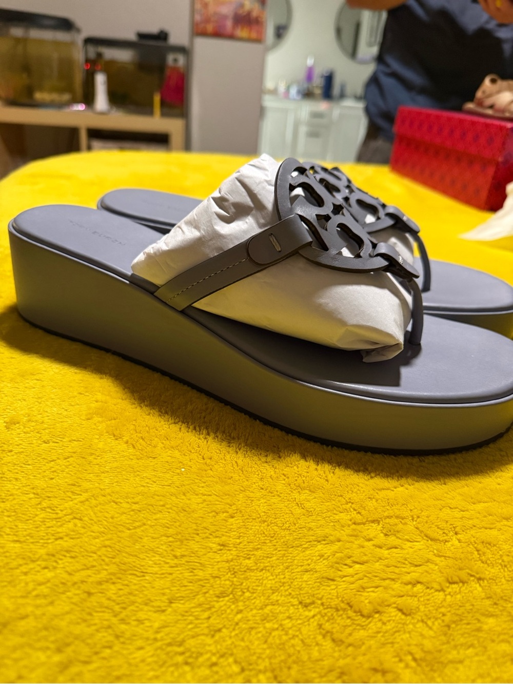 Tory Burch Gray Platform Logo Thong Sandals